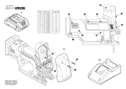 Figure 1 Diagram and Parts List for 3601EB0010 GST18V-60BC Bosch Jig Saw
