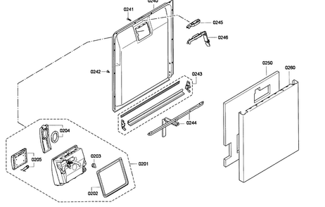 Door Assy Diagram and Parts List for SGE63E06UC 01 Bosch Dishwasher