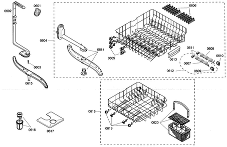 Baskets Diagram and Parts List for SHE44C02UC 40 Bosch Dishwasher