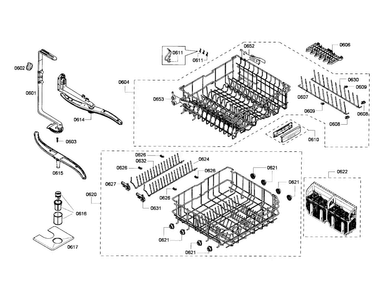 Spray Arm/racks Diagram and Parts List for SHE55P05UC 53 Bosch Dishwasher