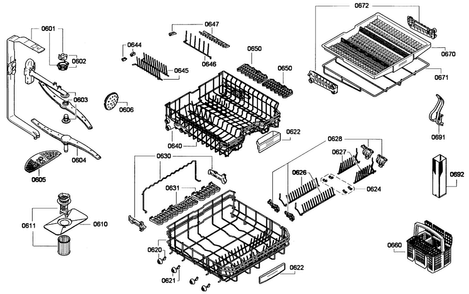 Baskets Assy Diagram and Parts List for DWHD650GPR 01 Thermador Dishwasher
