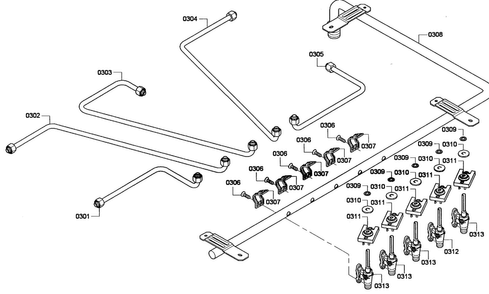Valves Diagram and Parts List for NGM3654UC 01 Bosch Cooktop