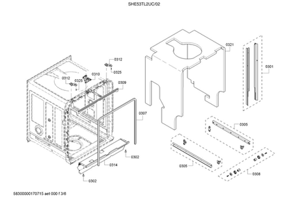 Tub/Trim Diagram and Parts List for SHE53TL2UC 02 Bosch Dishwasher