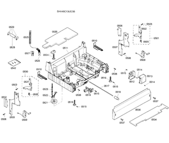 Base Assy Diagram and Parts List for SHV46C13UC 36 Bosch Dishwasher