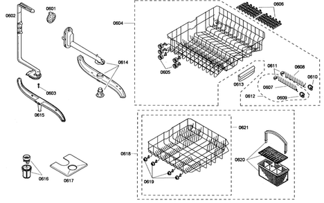 Baskets Diagram and Parts List for SHE44C02UC 47 Bosch Dishwasher