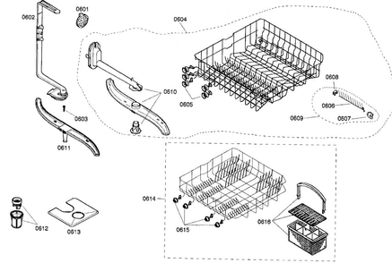 Basket Assy Diagram and Parts List for SHE44C05UC 22 Bosch Dishwasher