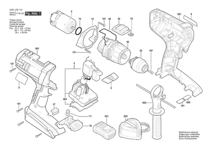 Section 1 Diagram and Parts List for GSR36VE-2-LI 3601JC0110 Bosch Hammer Drill