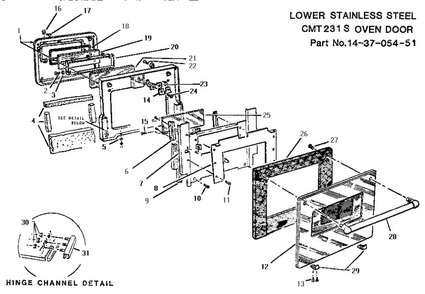Oven Door, Lower Diagram and Parts List for CMT231S  Thermador Microwave