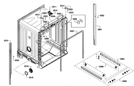 Cabinet Diagram and Parts List for SHE4AP05UC 03 Bosch Dishwasher