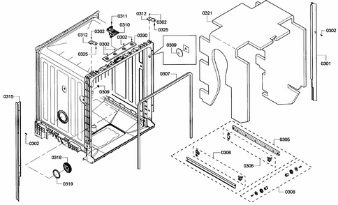 Cabinet Diagram and Parts List for S36KMK15UC 05 Bosch Dishwasher