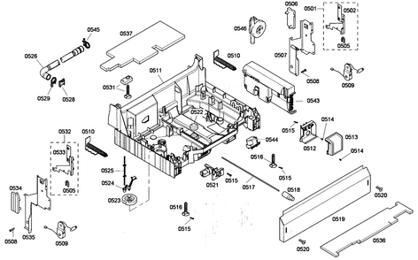 Base Assy Diagram and Parts List for SHE65P05UC 53 Bosch Dishwasher
