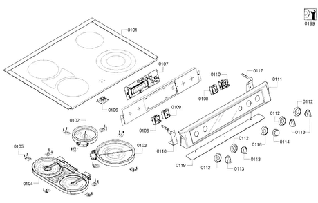 Cooktop Diagram and Parts List for HEI7052U 08 Bosch Range