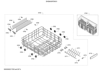 Lower Racks Diagram and Parts List for SHS843AF5N 01 Bosch Dishwasher