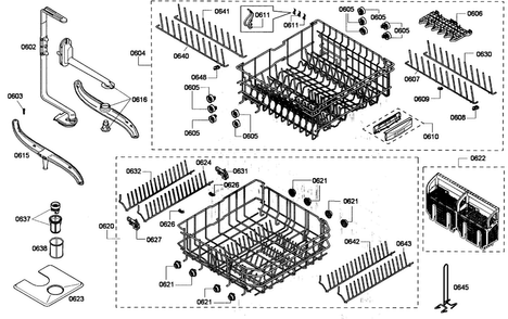 Baskets Assy Diagram and Parts List for SHV68P03UC 53 Bosch Dishwasher
