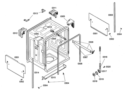 Cabinet Diagram and Parts List for SHE44C07UC 36 Bosch Dishwasher