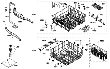Baskets Assy Diagram and Parts List for DWHD410GFM-53  Thermador Dishwasher