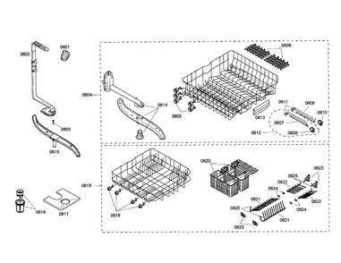 Upper/lower Rack Diagram and Parts List for SHE47C02UC 18 Bosch Dishwasher
