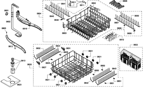 Baskets Assy Diagram and Parts List for DWHD630GCM 53 Thermador Dishwasher