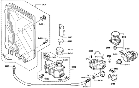 Pump Assy Diagram and Parts List for SGE63E06UC 01 Bosch Dishwasher
