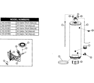 Water Heater Diagram and Parts List for 153331682  Kenmore Water Heater