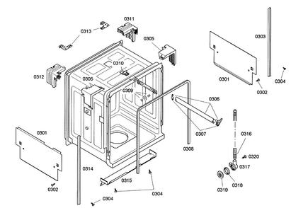 Cabinet Diagram and Parts List for SHE43C05UC 36 Bosch Dishwasher