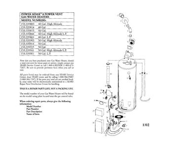 Gas Water Heater Diagram and Parts List for 153335814  Kenmore Water Heater