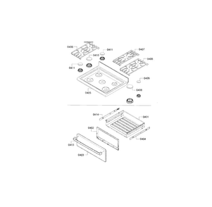 Burners & Drawer Diagram and Parts List for HGS3053UC 13 Bosch Range