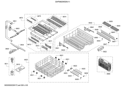 Spray Arms/Racks Diagram and Parts List for SHPM65W55N 11 Bosch Dishwasher