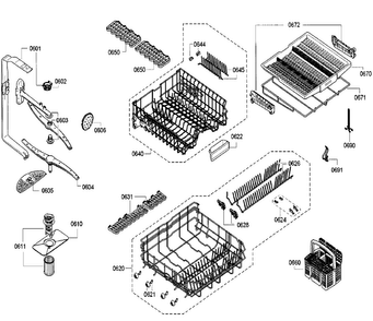 Baskets Diagram and Parts List for SGE68U55UC A5 Bosch Dishwasher