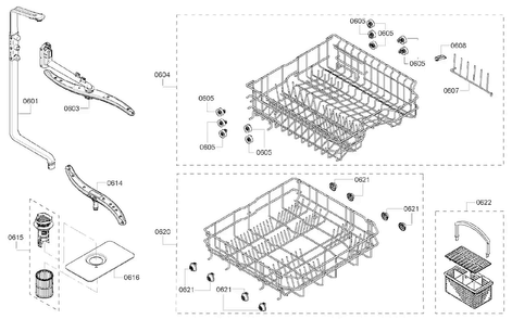 Baskets Diagram and Parts List for SHE4AM16UC 05 Bosch Dishwasher