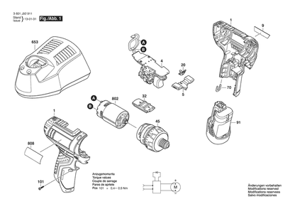 Section 1 Diagram and Parts List for PS11 3601J92912 Bosch Screwdriver