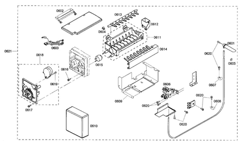 Ice Maker Assy Diagram and Parts List for KBUDT4255E 01 Thermador Refrigerator