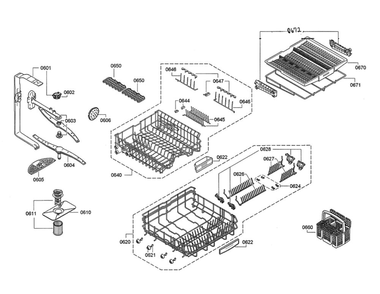 Spray Arms/Racks Diagram and Parts List for DWHD640JFP D5 Thermador Dishwasher