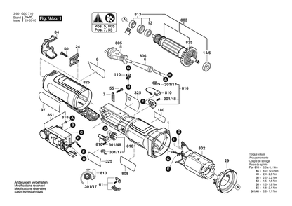 Figure 1 Diagram and Parts List for 3601GD3810 GWX14-60PBD Bosch Angle Grinder