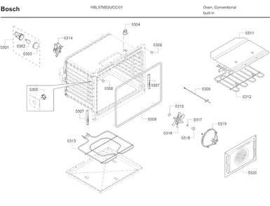 Inner Parts Diagram and Parts List for HBL57M52UC 01 Bosch Wall Oven