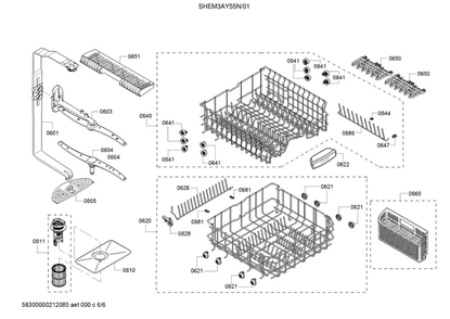 Spray Arms/Dish Racks/Cutlery Basket Diagram and Parts List for SHEM3AY55N 01 Bosch Dishwasher