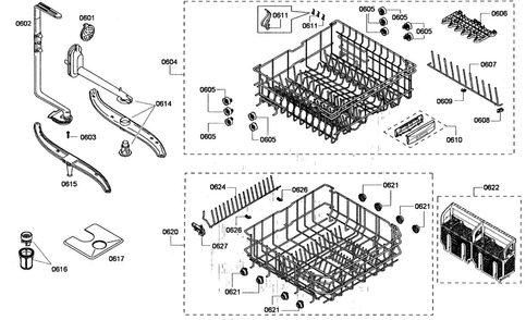 Baskets Assy Diagram and Parts List for SHV43P13UC 53 Bosch Dishwasher