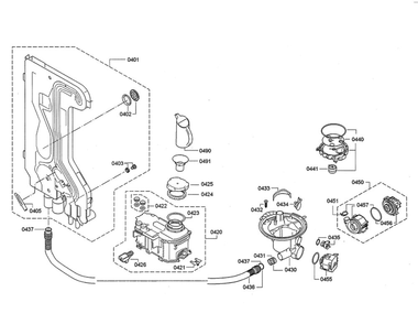 Water Inlet/Heat Pump Diagram and Parts List for DWHD640JFP B3 Thermador Dishwasher