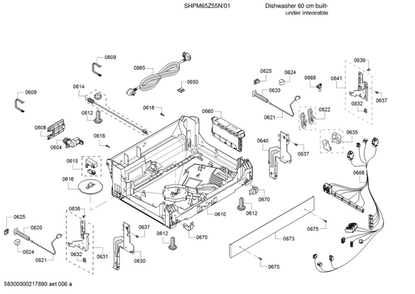 Base Assembly/Main Harness Diagram and Parts List for SHPM65Z55N 01 Bosch Dishwasher