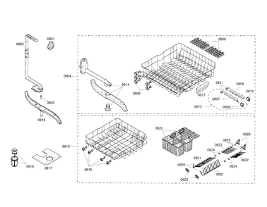 Upper/lower Racks Diagram and Parts List for SHE47C05UC 21 Bosch Dishwasher