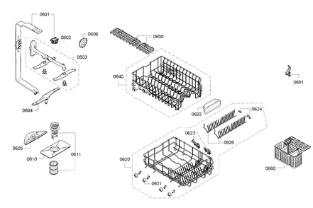 Rack Diagram and Parts List for SPE53U52UC 26 Bosch Dishwasher
