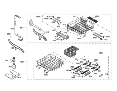 Spray Arm/Racks Diagram and Parts List for SHE68M05UC 53 Bosch Dishwasher