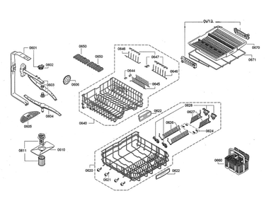 Spray Arms/Racks Diagram and Parts List for DWHD640JFP C6 Thermador Dishwasher
