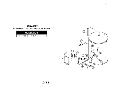 Water Heater Diagram and Parts List for 153316332  Kenmore Water Heater
