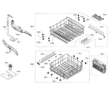 Baskets Diagram and Parts List for SHX43R55UC 64 Bosch Dishwasher