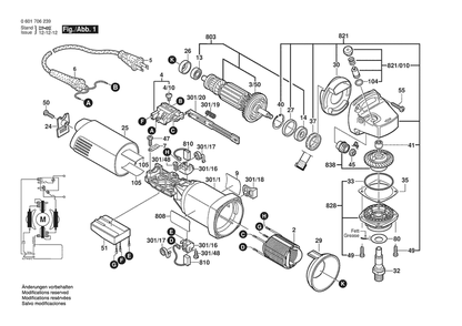 Section 1 Diagram and Parts List for GWS1706EVS 0601706239 Bosch Angle Grinder