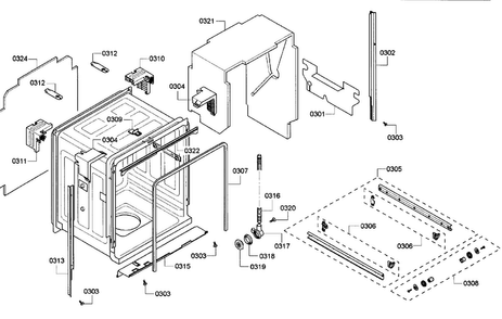 Cabinet Diagram and Parts List for SHX43P15UC 59 Bosch Dishwasher