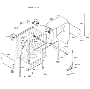 Cabinet Assy Diagram and Parts List for SHV46C13UC 36 Bosch Dishwasher