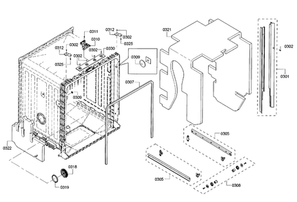 Cavity & Frame Diagram and Parts List for SHX3AR75UC 19 Bosch Dishwasher
