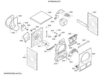 Frame Diagram and Parts List for WTG86402UC 07 Bosch Dryer